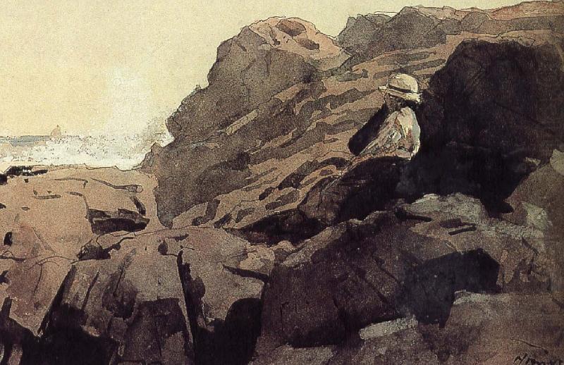A boy sitting on the rocks, Winslow Homer